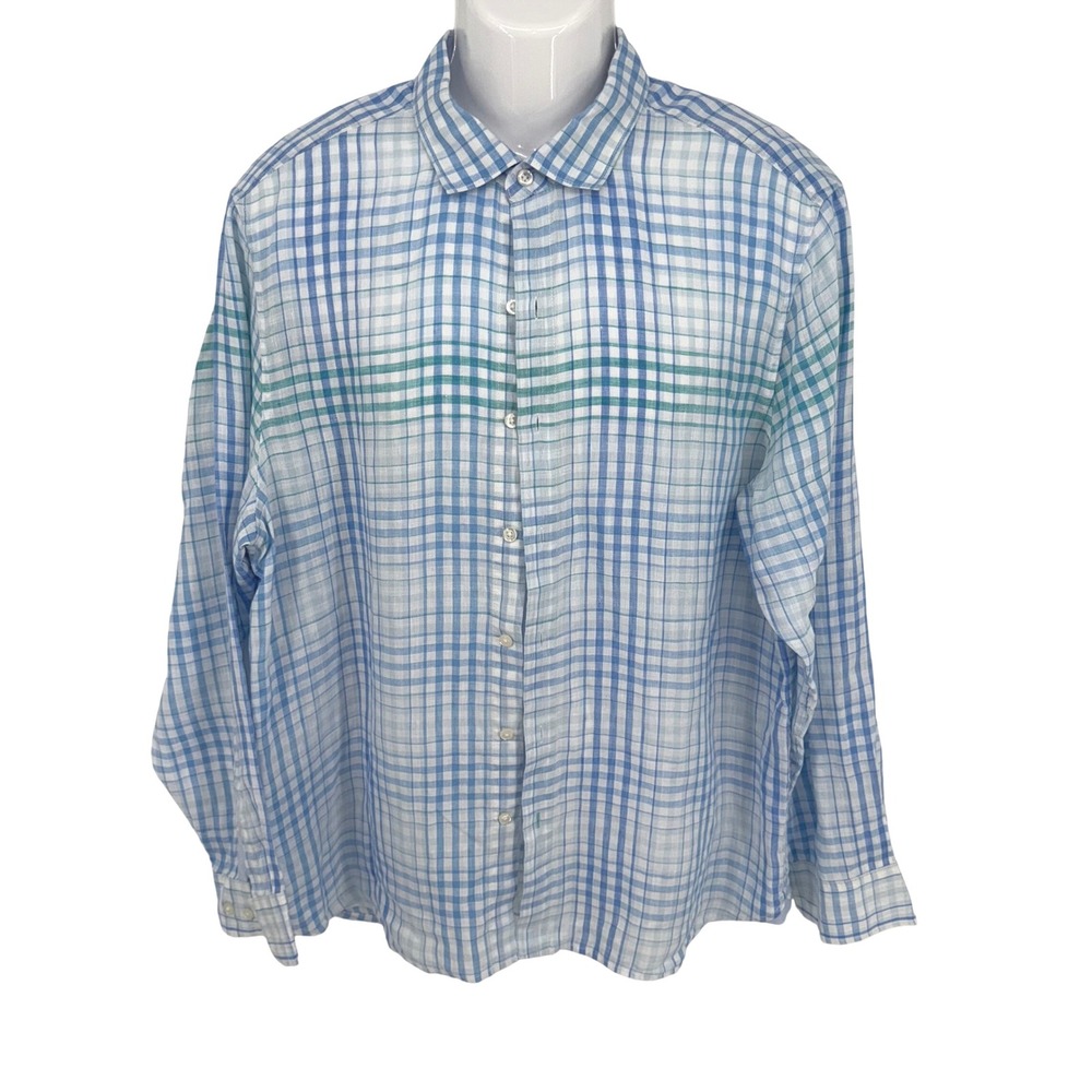 Tommy Bahama Mens Large Blue Plaid Button Down Long Sleeve Linen Shirt Coastal